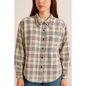 Y2K Teddi Plaid Flannel Button Shirt Women’s M Roll Tab Embroidered Collar